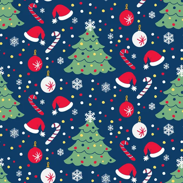 Noel minimalist düz stil koyu arka planda pürüzsüz desen. Noel ağacı, dekorasyon, Noel Baba şapkası ve şeker çubuğu. Tekstil ve ambalaj kağıtları için parlak kış tatili tasarımı