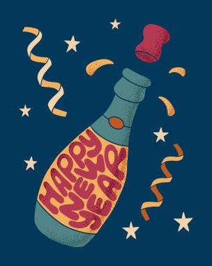 Elle çizilmiş harflerle yeni yıl baskısı tasarımı. Düz elle çizilmiş slogan: Şampanya şişesi şeklinde mutlu yıllar. Posterler, kartlar, gömlek baskısı sosyal medya için modaya uygun kompozisyon