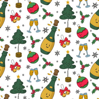 Noel desenli şirin kawaii geleneksel dekorasyonlu. Beyaz arka planda düz çocuksu bir şekilde tatil tasarımı. Dekorasyon, ambalaj kağıdı, tekstil, duvar kağıdı için iyidir.