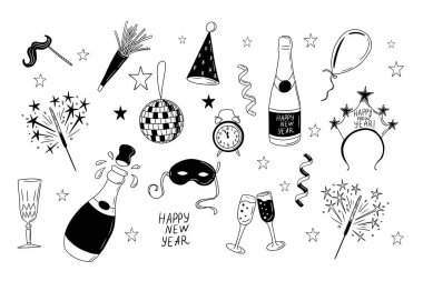 New Year party items in doodle hand drawn style. Sketchy outline collection for winter holiday or coloring pages, stickers, pattern. Black wine glasses, balloon, bottle, champagne on white background clipart