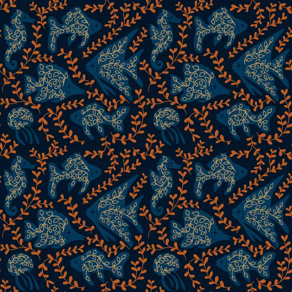 Balık ve bitkilerin olduğu gizemli, mistik bir düzen. Karanlık arka planda el çizimi deniz yaratıkları. Karanlık tema. Özgeçmiş, ambalaj, tekstil, arkaplan, hatıra defteri için iyi