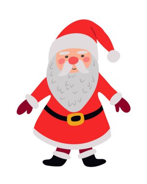 Düz elle çizilmiş çocuk Noel Baba karakteri. Çocuk çizgi filmlerinde geleneksel Noel insanı. Kırmızı tatil kıyafetleri içinde sakallı yaşlı adam. Noel süslemeleri, çıkartmalar, desenler için ideal