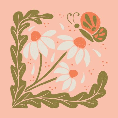 Soyut retro grunge çiçek kompozisyonu. Düz botanik çizimi kare şeklinde, grunge deseni ve çizikleriyle. Dekorasyon için uygun, posterler, tişört baskısı, sosyal medya grafikleri