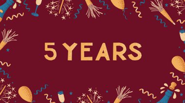 5 yıllık mesajla karşılama pankartı. Yıl dönümü, doğum günü ya da düğün için düz kompozisyon. Koyu kırmızı arkaplanda noktalı desenli kutlama ögeleri ile baskı tasarımı şablonu.