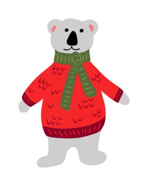 Düz elle çizilmiş çocuksu Noel kutup ayısı. Geleneksel Noel Baba, çocuk çizgi filmlerindeki gibi kalın kazak ve eşarp giyen Noel Baba arkadaş. Noel süslemeleri, çıkartmalar, desenler için ideal