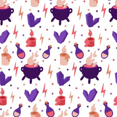 Samimi, gizemli, pürüzsüz nesneler. Beyaz arka planda düz kawai elementleri. Cadı bağlantılı eşyalar. Paket kağıdı için grafiksel baskı tasarımı, çocuklar tekstil, arkaplan, pankart, durağan