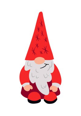Düz elle çizilmiş Noel Cücesi. Geleneksel Noel Baba, çocuk çizgi filmlerindeki kırmızı elbiseli Noel Baba arkadaş. Noel süslemeleri, çıkartmalar, desenler için ideal