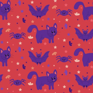 Şirin hayvanlarla komik, büyülü, pürüzsüz desen. Düz kawaii sihirli kedi, yarasa, kırmızı arka planda örümcek. Cadı bağlantılı hayvanlar. Paket kağıdı, tekstil, arkaplan, pankart için grafiksel baskı tasarımı