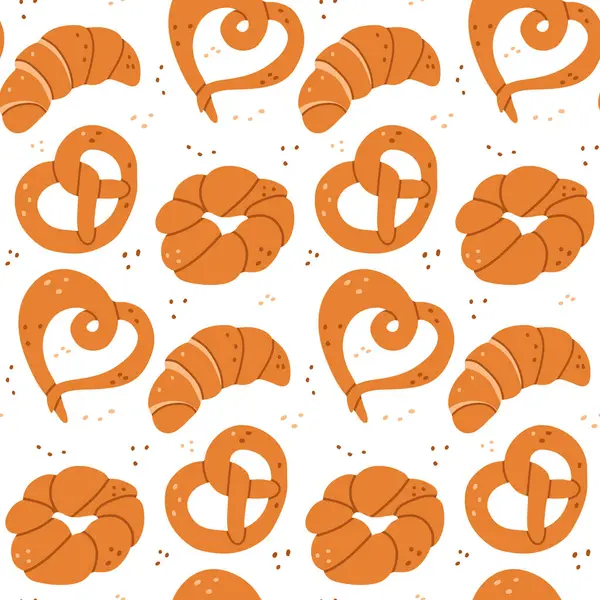 Çıtır taze hamur işleriyle pürüzsüz bir desen. Vektör el, yiyecekleri minimalist bir şekilde çizdi. Tekstil, dekorasyon ve ambalaj kağıtları için modern çocuksu desen tasarımı