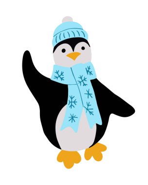 Vektör düz elle çizilmiş Noel pengueni. Geleneksel Noel Baba, çocuk çizgi filmlerindeki mavi elbiseli Noel Baba arkadaş. Noel süslemeleri, çıkartmalar, desenler için iyidir.