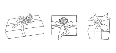 Hediye kutularıyla el çizimi karalama seti. Geleneksel hediye kutusu tasarımı. Dövme, çıkartma, dekorasyon ve baskı için mükemmel. Siyah ve beyaz çizim