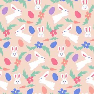 Paskalya bayramında tavşanlar ve yumurtalarla kusursuz bir düzen. Şeftali arka planında çocukça kesilmiş el çizimi elementler. Tekstil, duvar kağıdı ve iç dekorasyon için moda baskı tasarımı