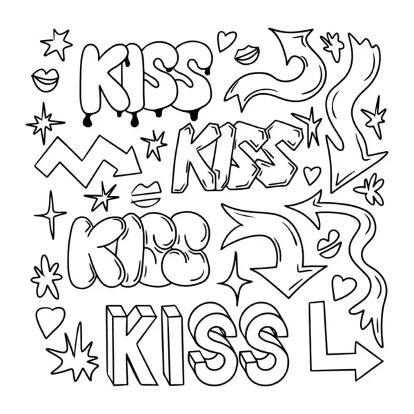 Outline Doodle Set Word Kiss Retro 90S Style Collection Hand — Stock Vector