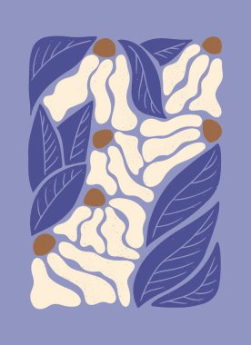 Retro vintage çiçek grunge illüstrasyonu. Mavi renkli grunge desenli düz vektör botanik bileşimi. Ev dekorasyonu, posterler, tişört baskısı, sosyal medya için ideal