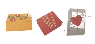 Moda dekorasyonlu modern hediye kutuları. Doğum günü hediyeleri, sevgililer günü, yıldönümü, düğün. İçinde çiçekler, kelebekler, bayraklar, kalpler olan paketlenmiş hediye kutuları. Yapıştırma, yazdırma, desen için iyi