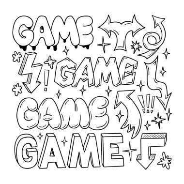 Outline doodle set with word Game and arrows in retro 90s style. Collection of hand drawn sketchy words, arrows. Black contour signs and words in bubble, street style graffiti. clipart