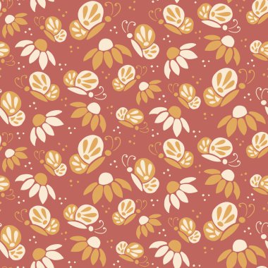 Çiçekli, soyut, kelebekli, dikişsiz desen. Noktalı ve kelebekli düz elle çizilmiş çiçekler. Tekstil, duvar kâğıdı, iç ve ambalaj kağıtları için modaya uygun eski baskı tasarımı