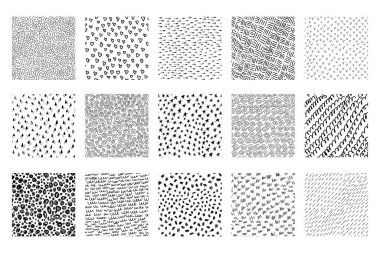 Büyük el çizimleri, dikişsiz mürekkep dokuları. Karalamalar, çizgiler, yarı daireler, oklar, kalpler, noktalar ve dalgalar içeren 24 adet kusursuz desen koleksiyonu. Modern trend arkaplanı veya illüstrasyon.