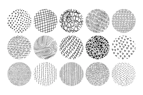 Soyut yuvarlak mürekkep kaplı el dokuları ya da arka planlar. Vektör karalama dalgaları, karalamalar, çizgiler, daireler, kalpler, oklar. Çağdaş moda illüstrasyon veya simge şablonları