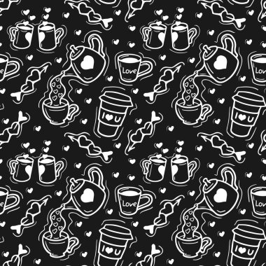 Sevgililer Günü bardakları, kusursuz içki kalıpları. Siyah arkaplanda beyaz elementleri izole eden vektör. Tekstil, duvar kağıdı ve Sevgililer Günü konsepti için moda baskı tasarımı