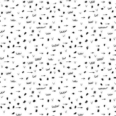 Arka mürekkep, soyut, dikişsiz dokular çizmiş. Karalamalar, oklar ve soyut çizimler ile izole bir düzen. Modern trend arkaplanı veya illüstrasyon.