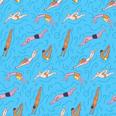 Suya dalan insan vücudunda kusursuz desen. Fitness ve sağlıklı yaşam tarzı konsepti. Düz elle çizilmiş erkek ve kadın siluetleri. Tekstil, duvar kağıdı, ambalaj, arkaplan için moda baskı tasarımı