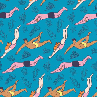 İnsan vücudunun deniz suyuna daldığı desen. Aktif yaşam tarzı konsepti. Düz elle çizilmiş erkek ve kadın siluetleri ve deniz yaratıkları. Tekstil, duvar kağıdı ve ambalaj için moda baskı tasarımı
