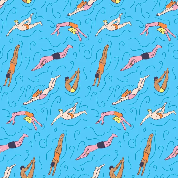 Suya dalan insan vücudunda kusursuz desen. Fitness ve sağlıklı yaşam tarzı konsepti. Düz elle çizilmiş erkek ve kadın siluetleri. Tekstil, duvar kağıdı, ambalaj, arkaplan için moda baskı tasarımı