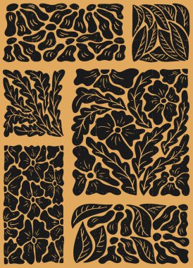 Dikey poster. Soyut grunge çiçek bitkileri. Duotone düz botanik kompozisyonu baskı tekniğinde grunge doku ve çizikler. Ev dekorasyonu, posterler, tişört baskısı için ideal.