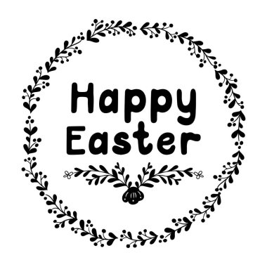 Siyah karalama stili tipografik Paskalya çizimi. Mutlu Paskalyalar yazılı çiçek çelengi. Beyaz arkaplanda izole vektör illüstrasyonu