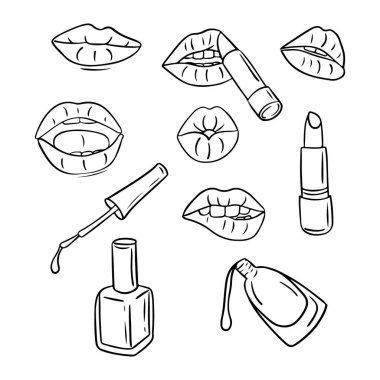 Dudak ve rujla el çizimi karalama seti. Dişi dudaklar beyaz arka planda izole edilmiş. Davetiyeler, tebrik kartları, alıntılar, bloglar, posterler için mükemmel. Boyama sayfaları, dövme, desen için ideal