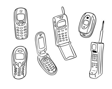 El çizimi eski cep telefonları seti. 80 'lerden, 90' lardan ve 2000 'lerden kalma karalama çizimleri. Farklı türde telefonlar. Retro konsept. Boyama sayfaları, dövme, desen için ideal