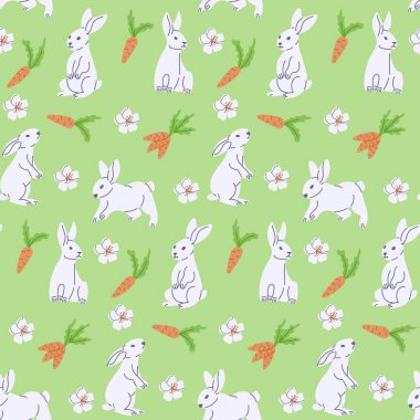 Beyaz tavşanlar ve havuçlarla bahar deseni. Yeşil arka planda beyaz tavşan çizilmiş. Tekstil, duvar kağıdı, iç mimari ve ambalaj için eşsiz retro baskı tasarımı