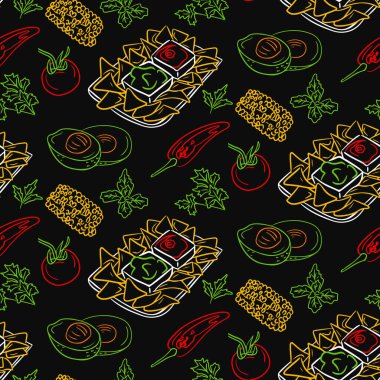 Karalama Meksika yemeği kusursuz desen. Karanlık tema. Siyah arkaplanda izole edilmiş vektör çizimleri. Tekstil, duvar kağıdı, iç mimari ve ambalaj için eşsiz retro baskı tasarımı