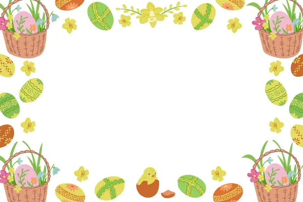 Horizontal Background Easter Holiday Frame Template Design Print Easter Basket — Stock Vector