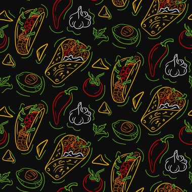 Geleneksel Meksika yemekleri kusursuz. Karanlık tema. Siyah arkaplanda izole edilmiş vektör karalama çizimleri. Tekstil, duvar kağıdı, iç mimari ve ambalaj için eşsiz retro baskı tasarımı