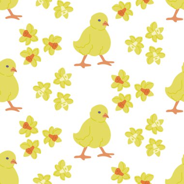 Çiçeksiz desenli bir Paskalya pilici. Beyaz arka planda düz elle çizilmiş renkli elementler. Tekstil, duvar kağıdı, iç dekorasyon ve ambalaj için eşsiz bir retro baskı tasarımı. Paskalya tatili konsepti