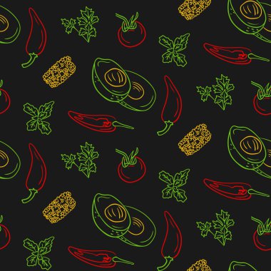 Meşhur sebze ve Meksika malzemeleriyle desen. Siyah arkaplanda izole edilmiş vektör çizimleri. Tekstil, duvar kağıdı, iç mimari ve ambalaj için eşsiz retro baskı tasarımı