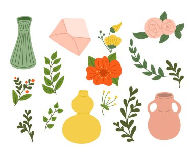 Ev dekorasyonu için düz çiçek dalları ve vazolar. Beyaz arka planda parlak yapraklar, çiçekler, vazolar ve zarf. Dekorasyon, çıkartma, selamlama, pankart ve arkaplan için ideal