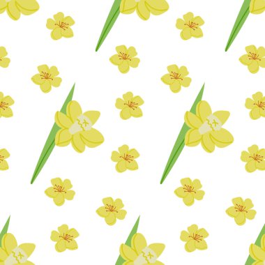 Bahar çiçekli sarı nergis desenli. Beyaz arka planda düz elle çizilmiş renkli elementler. Tekstil, duvar kâğıdı, iç mekan ve ambalaj için eşsiz bir baskı tasarımı. Bahar konsepti