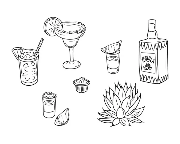 Skizzieren Sie Handgezeichnete Zeichnungen Von Tequila Getränken Vektor Schwarze Umrisszeichnungen — Stockvektor