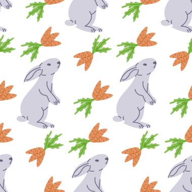 Beyaz tavşanı havuçsuz kesilmiş. Beyaz arka planda düz elle çizilmiş renkli elementler. Tekstil, duvar kağıdı, iç mimari ve ambalaj için eşsiz retro baskı tasarımı