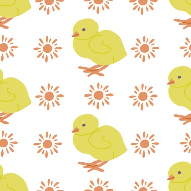 Güneşsiz desenli şirin bir Paskalya pilici. Beyaz arka planda düz elle çizilmiş renkli elementler. Tekstil, duvar kağıdı, iç dekorasyon ve ambalaj için eşsiz bir retro baskı tasarımı. Paskalya tatili konsepti