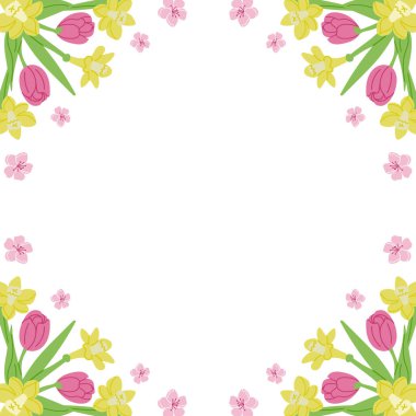 Beyaz arka planda sosyal medya için bahar çiçekli kare afişi. Lale ve nergisli şablon ya da tasarım baskısı. Pankart, arkaplan ve sosyal medya grafikleri için iyi