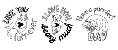 Hayvanlarla el çizimi çocuksu harfler. Doğum günü ya da sevgililer günü konsepti. Kelime oyunu harfleri. Beyaz arka planda izole edilmiş renkli çizimler. Poster için iyi