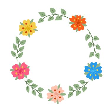 Düz el çizimi çiçek çelengi beyaz arka planda izole edilmiş. Resimli el, beyaz arka planda soyut çiçekler ve dallar çizmiş. Selamlama, pankart ve arkaplan için şablon olarak ideal