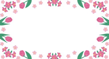 Beyaz arka planda bahar yatay çiçek afişi şablonu. Çerçeve şablonu ya da tasarım baskısı, el çizimi laleler ve kiraz çiçeğiyle. Pankart, arkaplan ve sosyal medya grafikleri için iyi