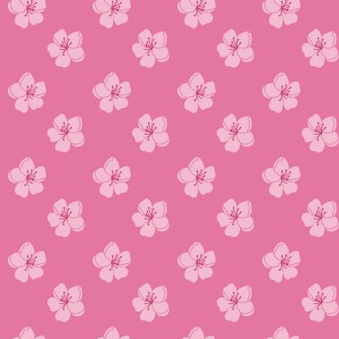 Pembe arka planda kiraz çiçekleri olan yay pürüzsüz desen. Düz elle çizilmiş renkli çiçekler tekstil, duvar kâğıdı, iç döşeme, ambalaj için eşsiz baskı tasarımı