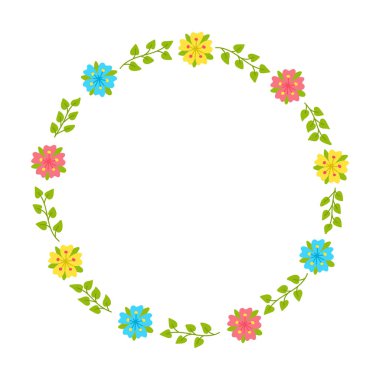 Düz çizilmiş el çelengi beyaz arka planda izole edilmiş. Resimli el, beyaz arka planda soyut çiçekler ve dallar çizmiş. Selamlama, pankart ve arkaplan için şablon olarak ideal