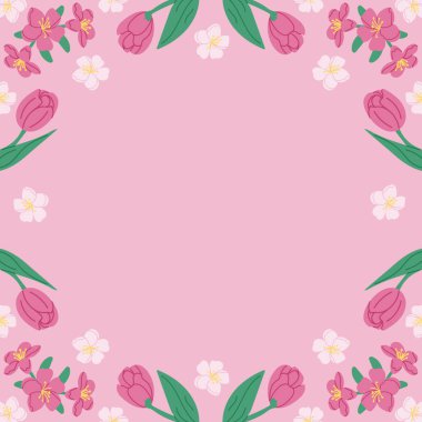 Pembe arka planda laleler ve kiraz çiçekleri olan bahar afişi şablonu. Çerçeve şablonu ya da el çizimi bahar çiçekleri ile tasarım baskısı. Pankart, arkaplan ve sosyal medya grafikleri için iyi